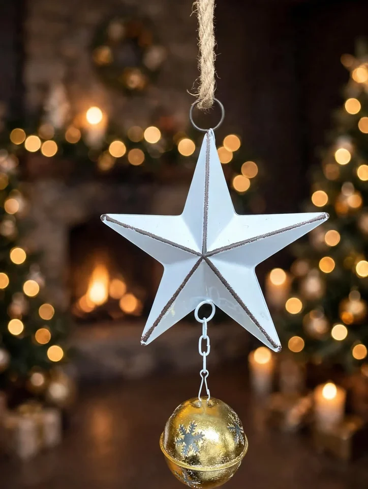 Colgante Navideño Estrella Blanca con Cascabel Dorado- 62cm · fotografía 1