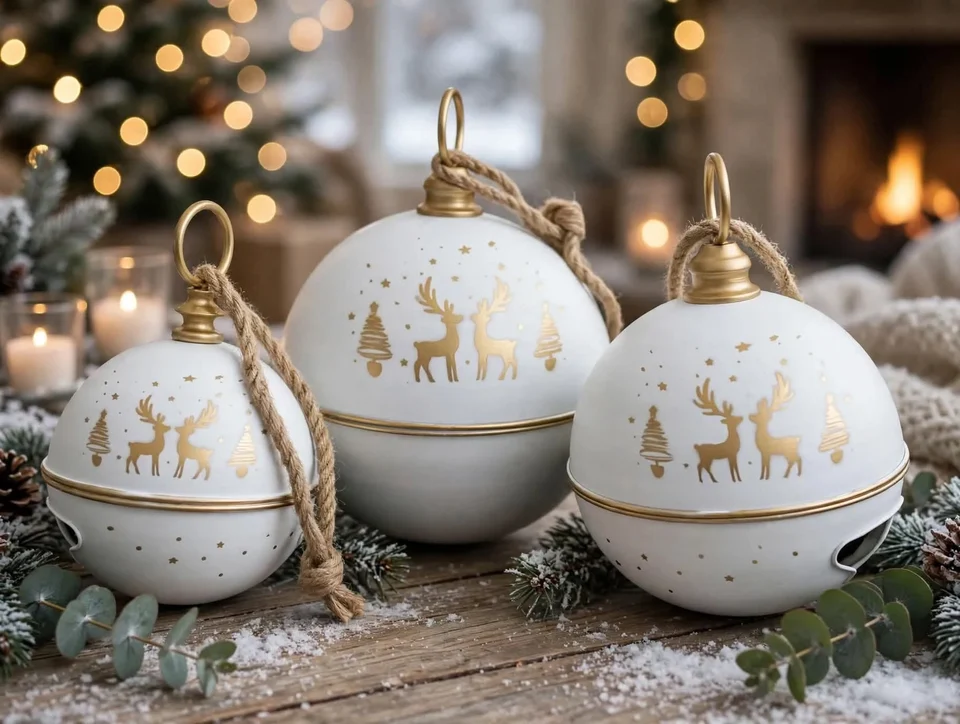 Set x 3 Cascabeles Navideños Nórdicos Blanco y Dorado (Ø40cm, Ø35cm, Ø34cm) · fotografía 1