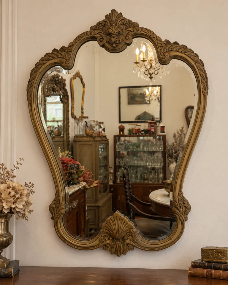Espejo antiguo biselado estilo Luis XV con marco ornamentado dorado · fotografía 1